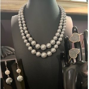 GORGEOUS IN GRAY Set: Vintage Gray Pearls; Mother of Pearl Drops; Druzy Cuff